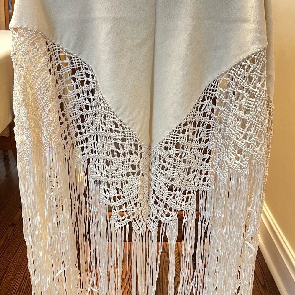 Cream Wool &  Crochet Fringe Shawl